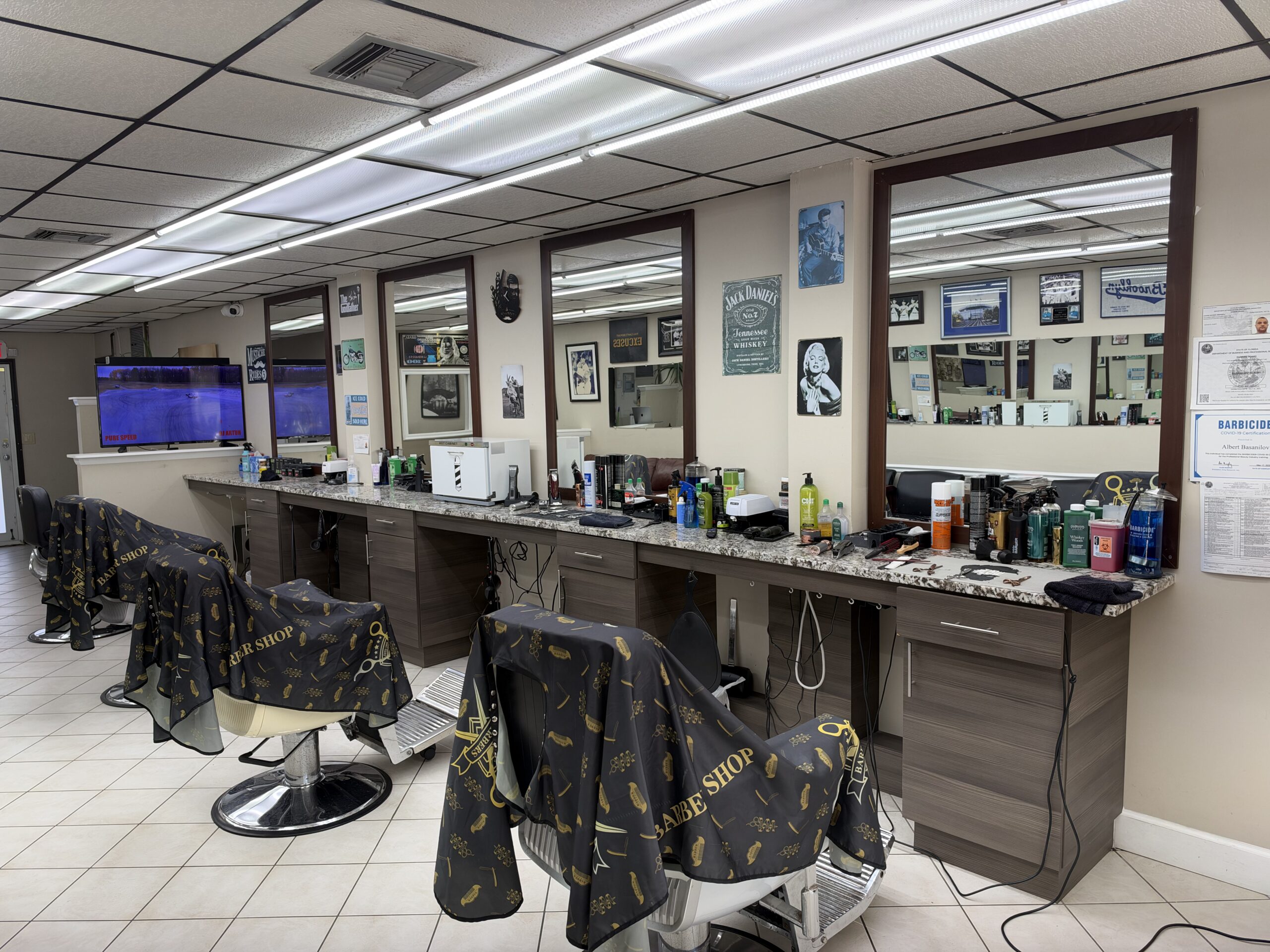 Barber chairs and stations inside Master Barbers on Galt Ocean Drive, Fort Lauderdale